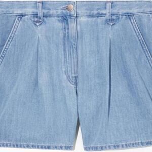 COS Women's US26 Blue Pleated Denim Shorts Relaxed-Fit High Rise Pockets Bermuda